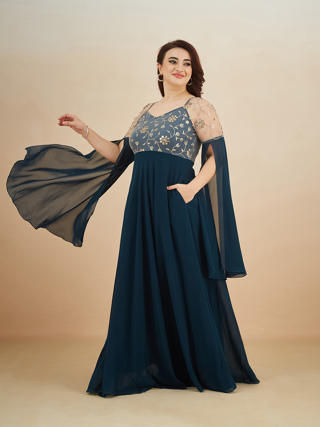 Teal V-Neck Full Sleeve Embroidered Fit & Flare Georgette Maxi Dress for Women — Miss Chase A+