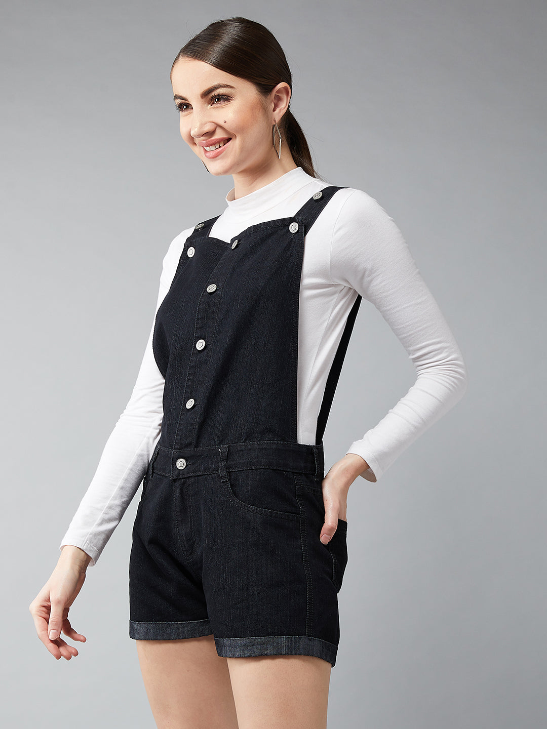 Women's Black Non-Stretchable Solid Mid Rise Regular Length Denim Dungarees