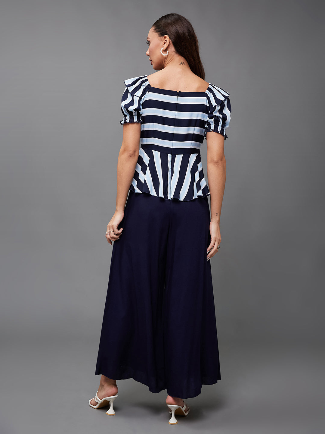 Women's Multicolored-Base-Navy Blue Sweet-Heart Neck Half-Sleeve Striped Peplum Regular-Length Polyester Jumpsuit