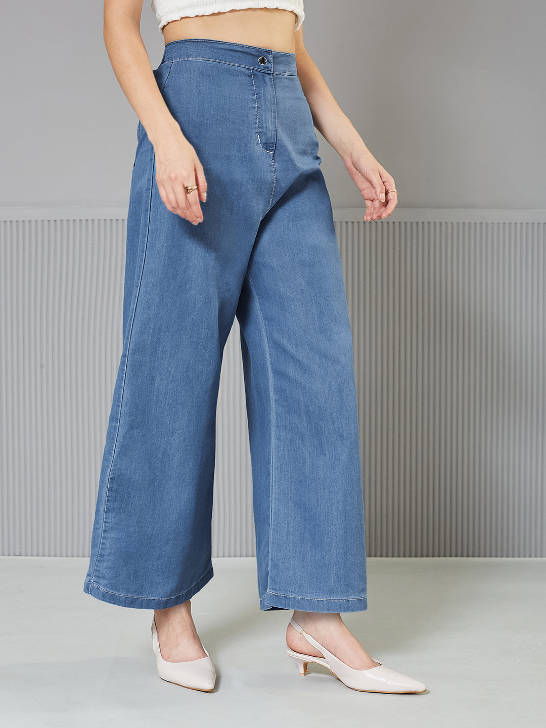 Women's Blue Flared Wide-Leg High-Rise Non Stretchable Light Weight Denim Pants