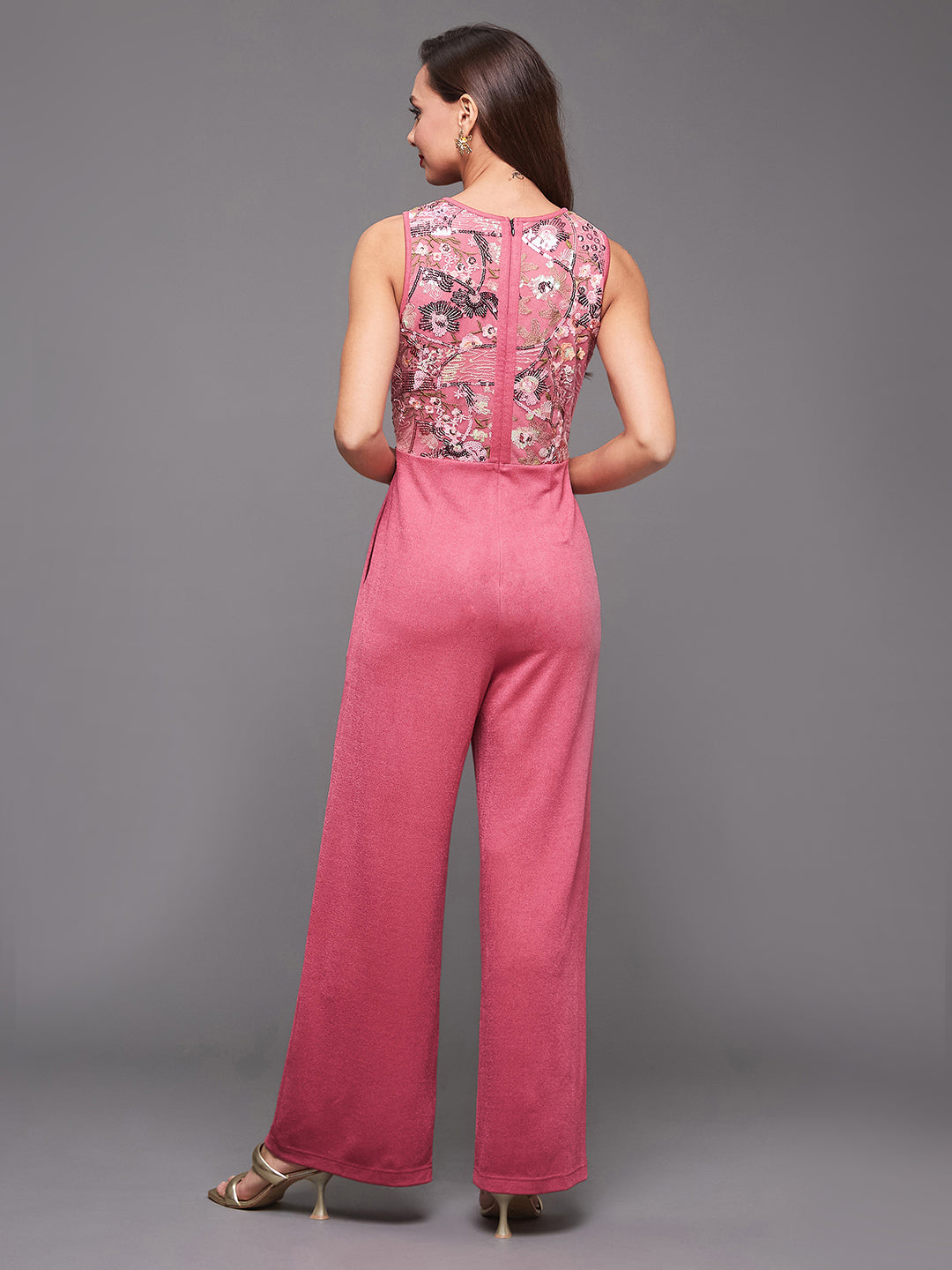 Women's Pink Round Neck Sleeveless Embroidered Straight Leg Jumpsuit