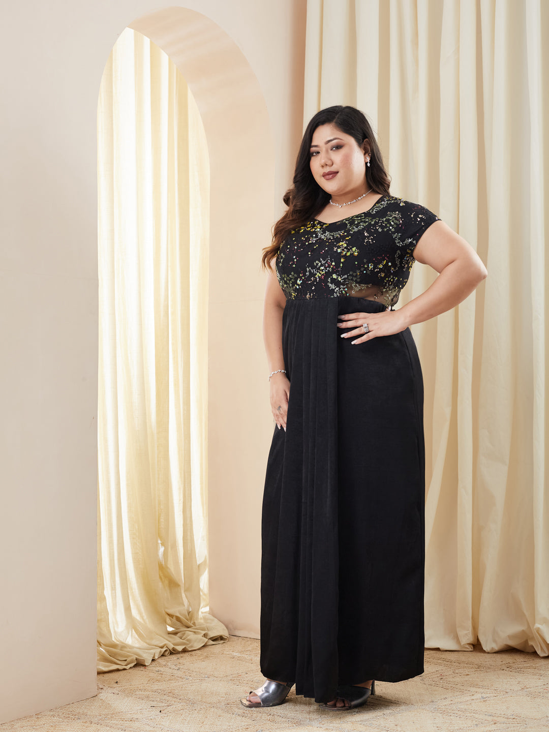 Black Sweetheart-Neck Raglan-Sleeve Embellished Draped Maxi Velvet Dress for Women