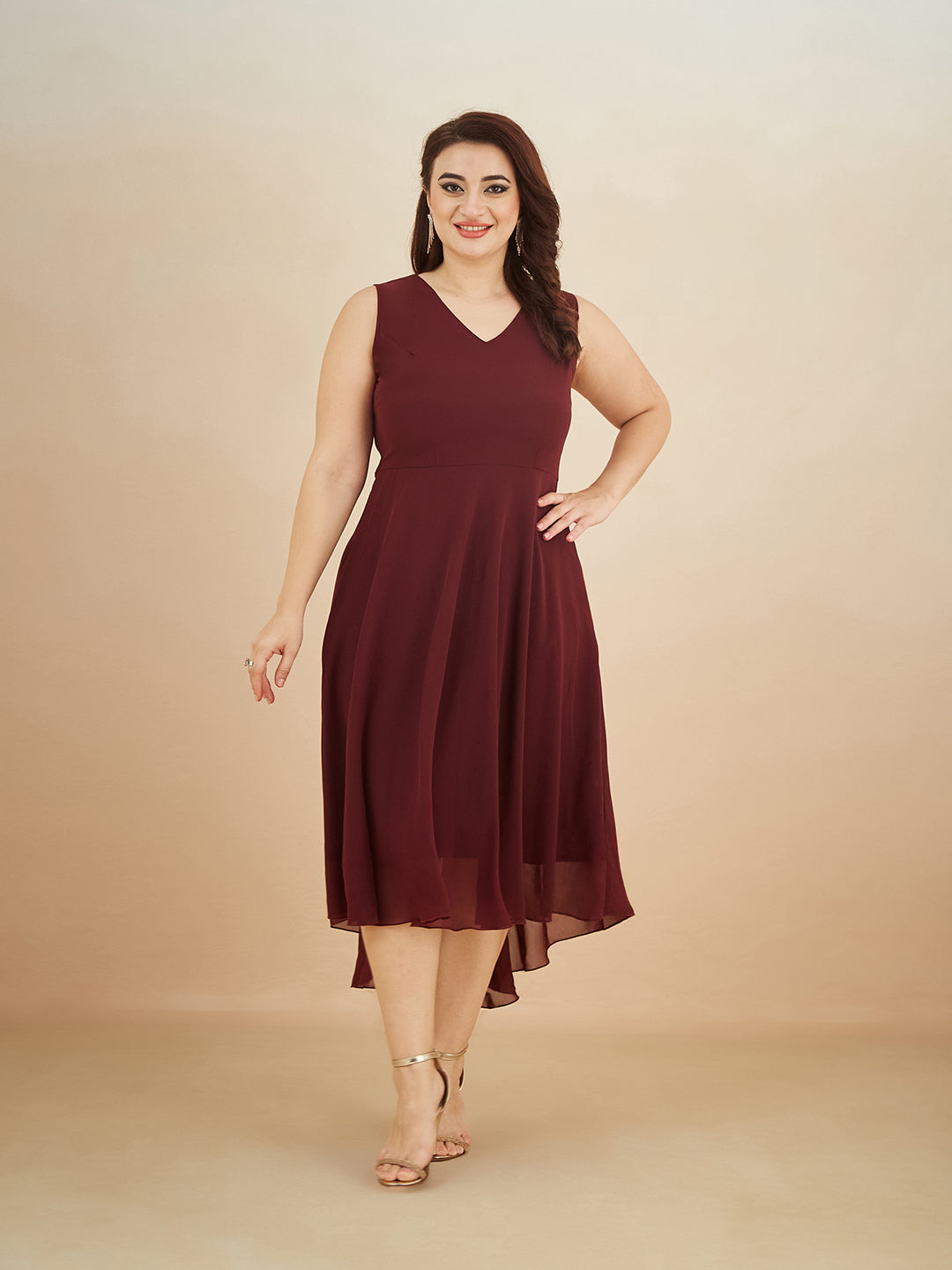 Wine Red V-Neck Sleeveless Solid High-Low Midi Skater Dress for Women