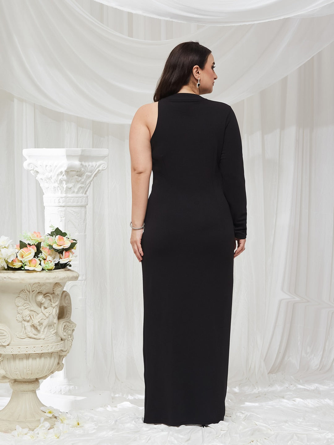 Black Solid Asymmetric Sequined Maxi Dress for Women — Miss Chase A+