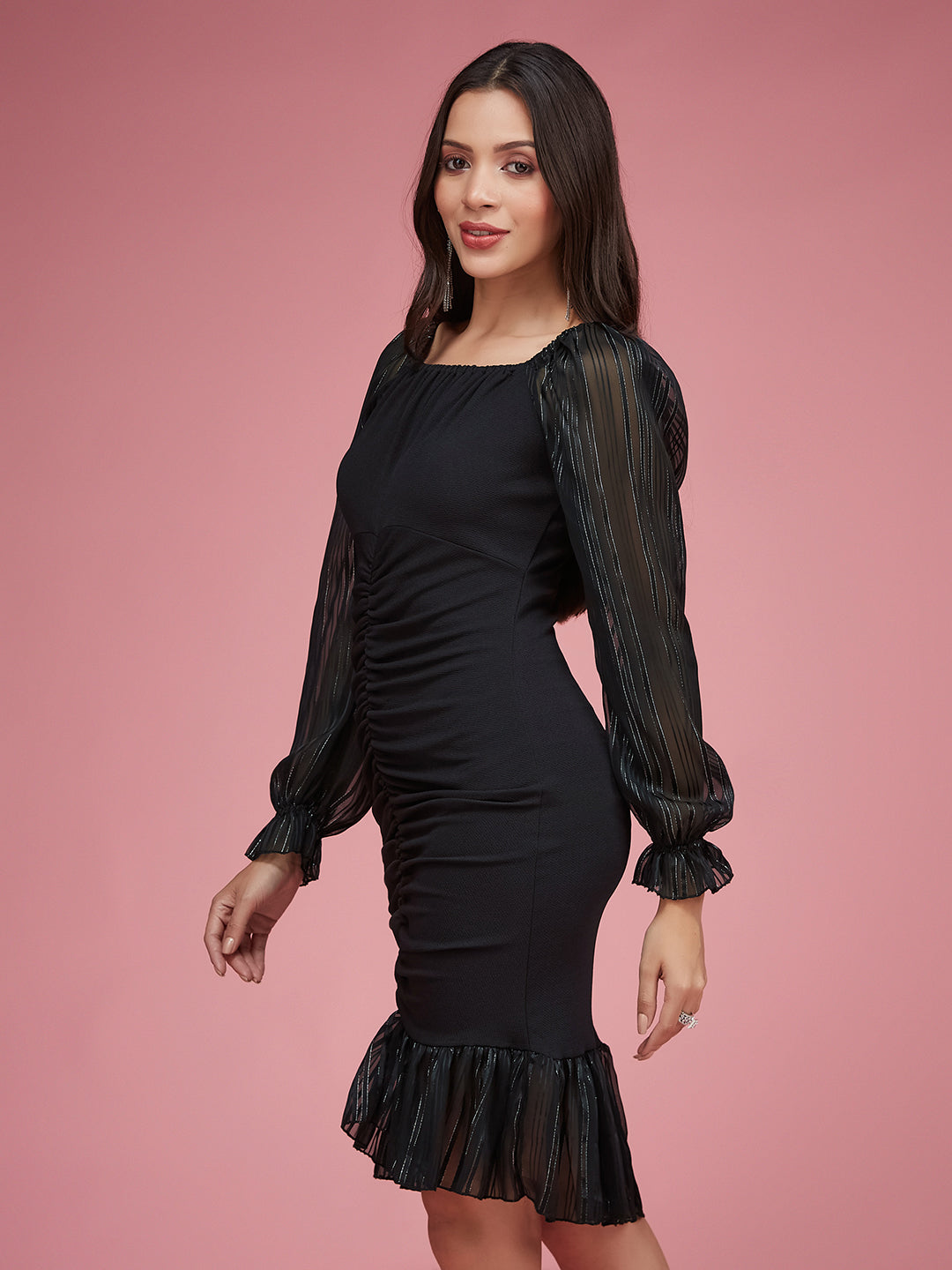 Black Square Puff Sleeve Solid Ruching Midi Dress for Women