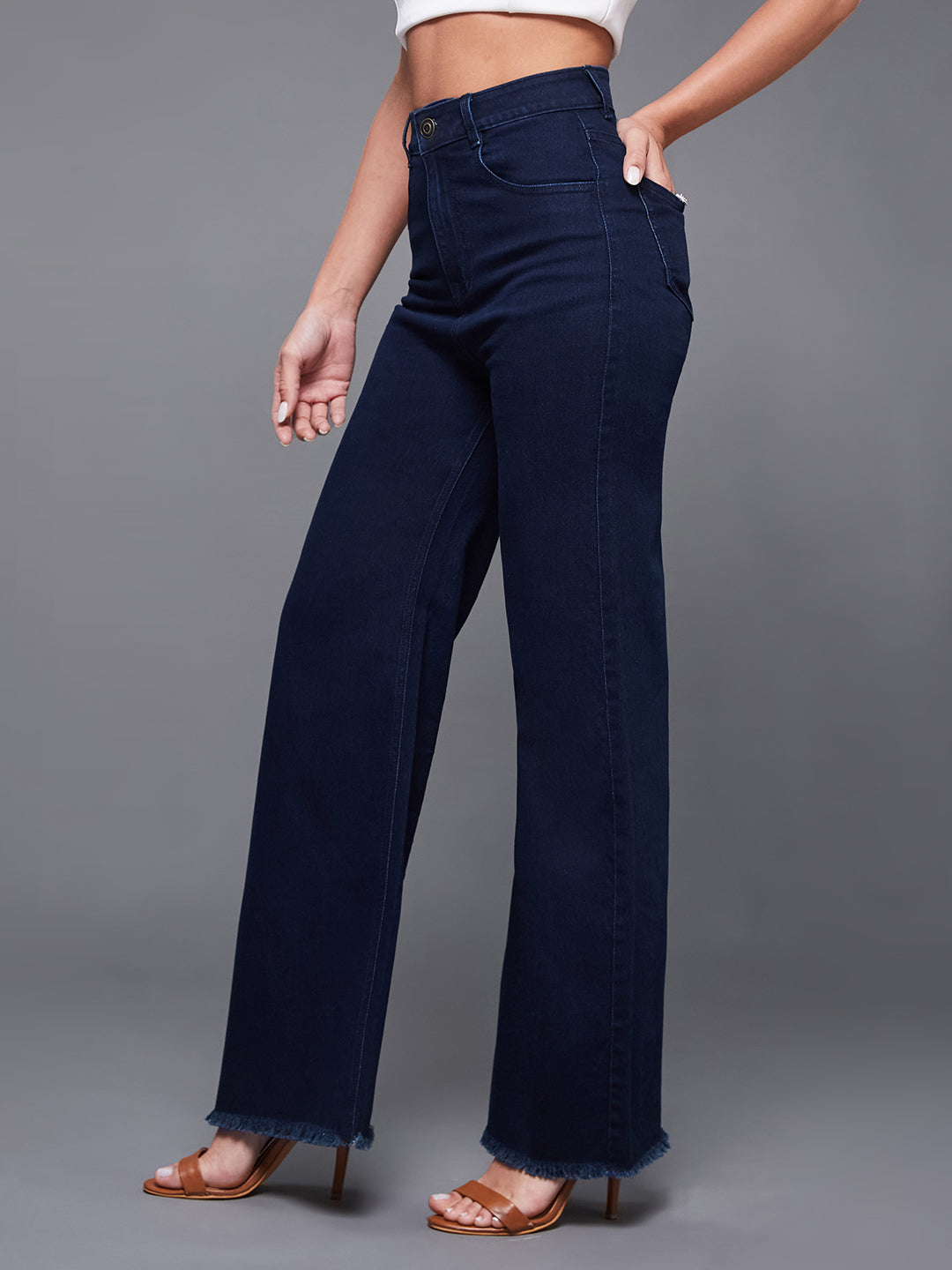 Women's Navy Blue Wide-Leg High-Rise Clean-Look Regular-Length Stretchable Denim Jeans