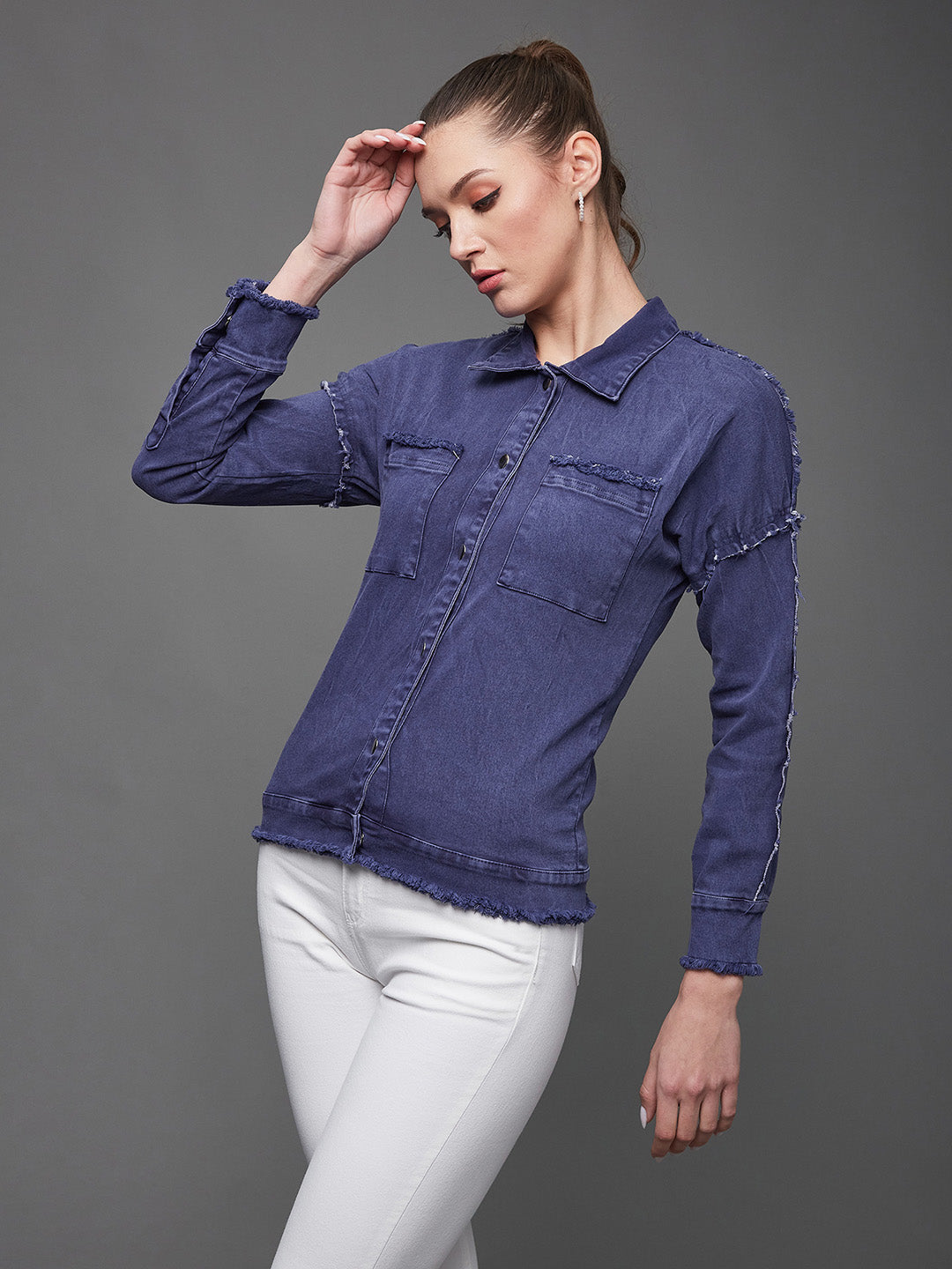 Women's Blue-Colored Polo-Neck Full-Sleeve Solid Bomber Regular-Length Jacket