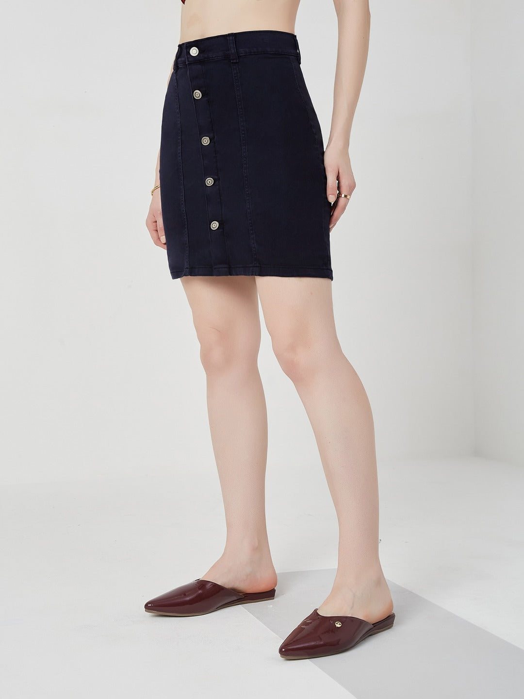 Navy Blue Stretchable Solid A-line Mini Denim Skirt for Women