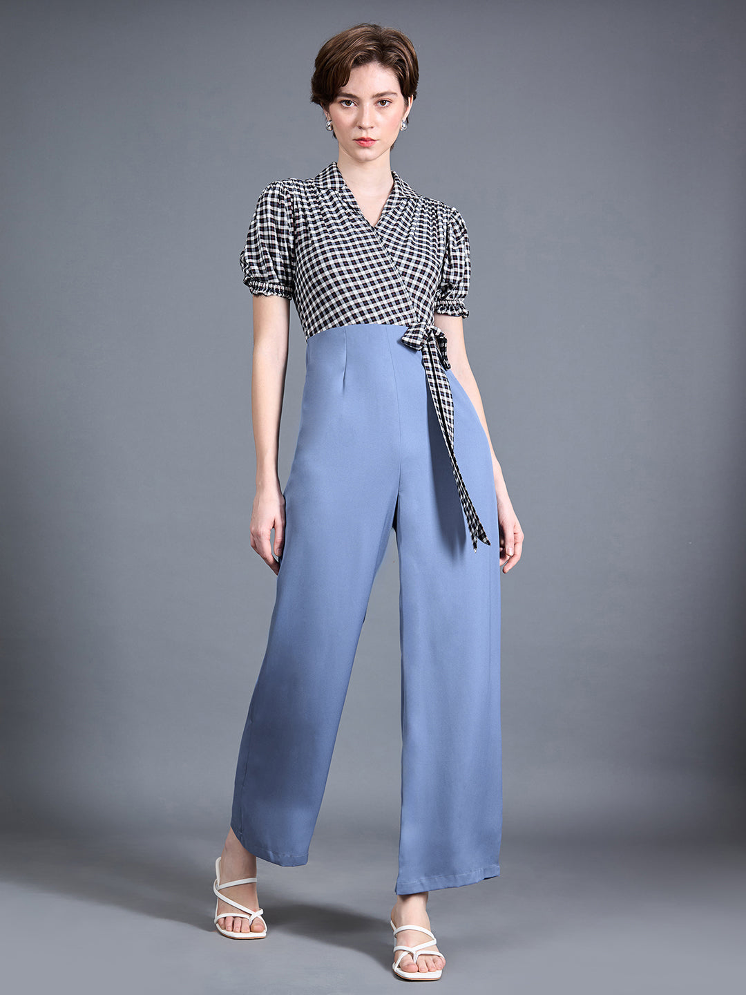 Women's Multicolored-Base-Powder Blue Notched Collared Puff Sleeve Checkered Wrap Regular Crepe Jumpsuit