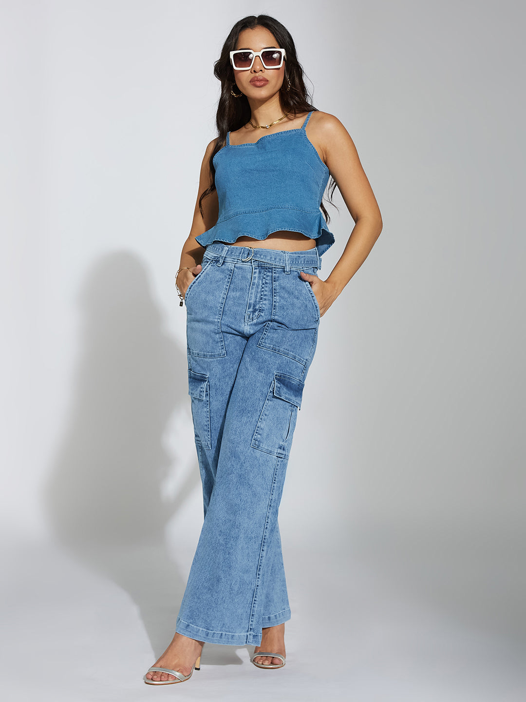 Women's Mid Blue Wide-Leg High-Rise Clean-Look Stretchable Cargo Denim Jeans
