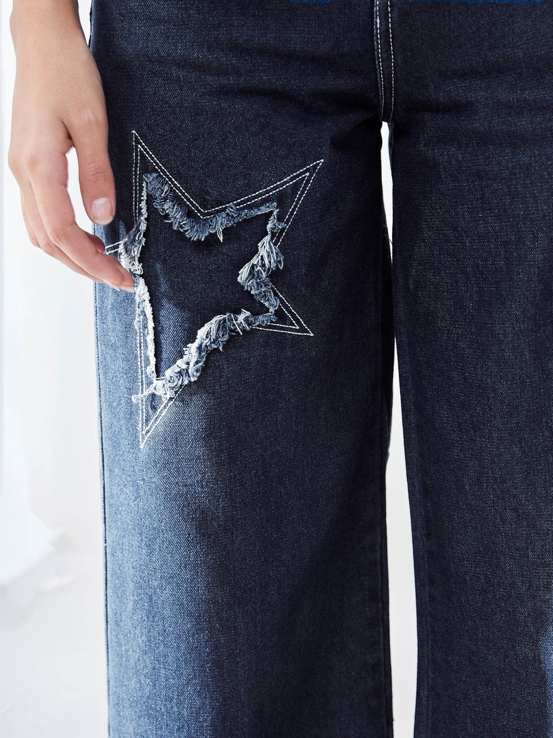 Navy Blue High Rise Mildly-Distressed Regular-Length Stretchable Denim Wide-leg Jeans for Women