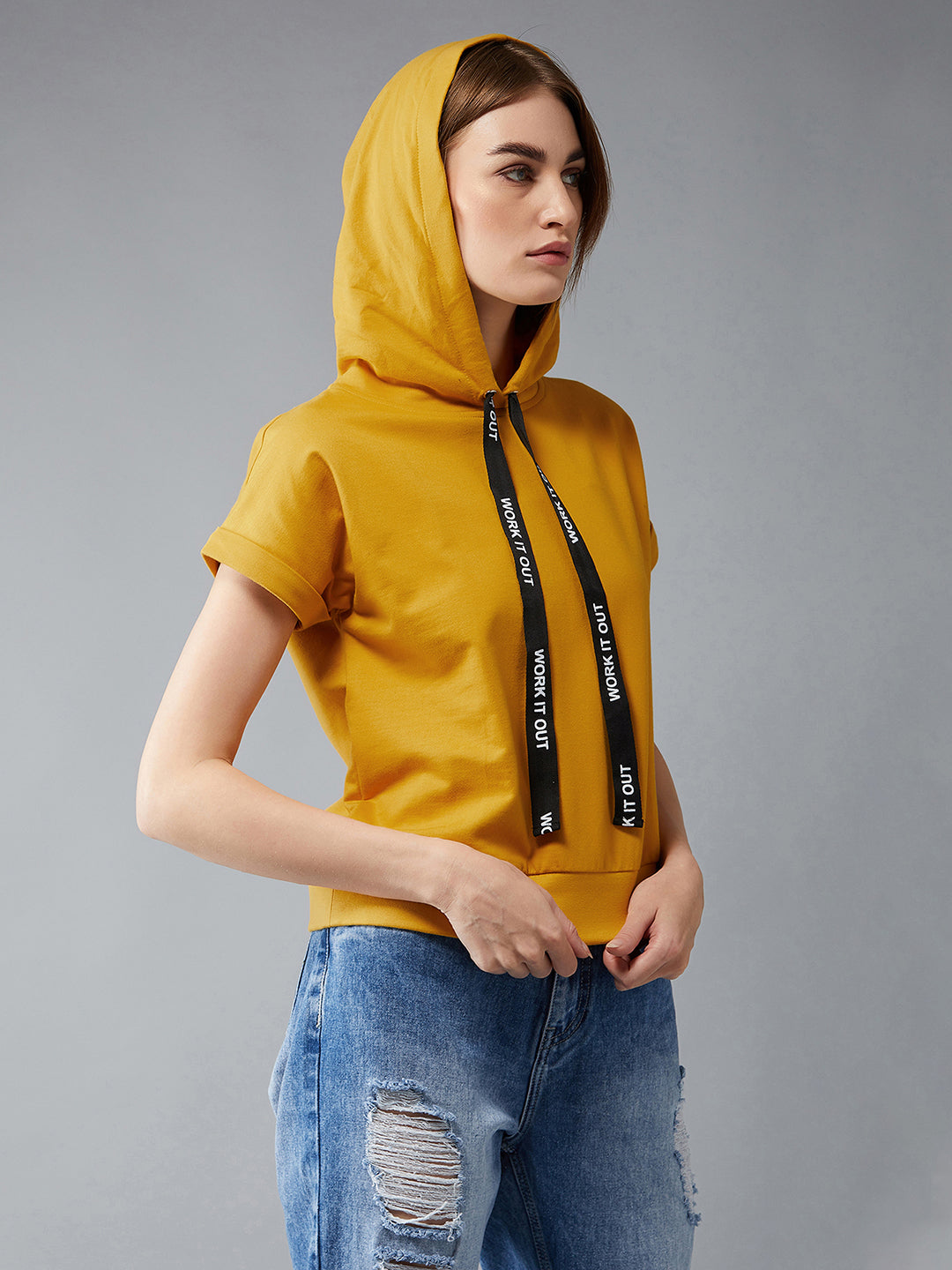 Women's Mustard Yellow Hooded Cap Sleeves Solid Boxy Regular Length Twill tape Detailing Sweatshirt