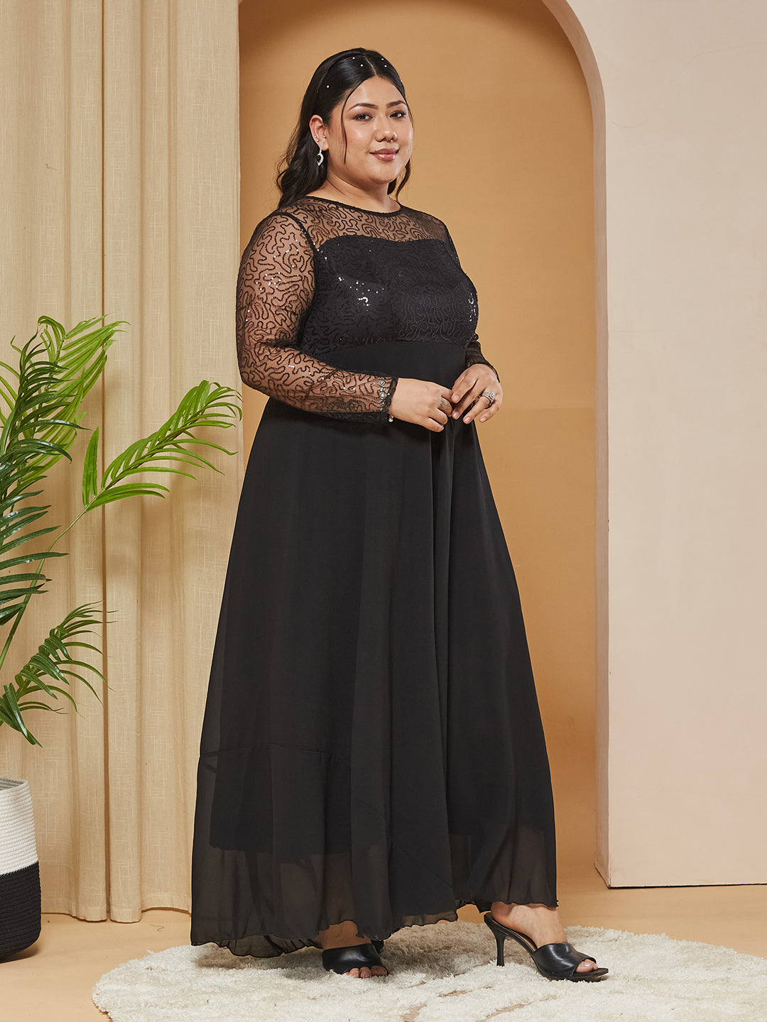 Black Solid Embellished Maxi Dress for Women