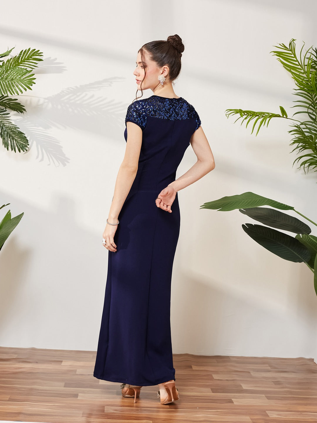 Navy Blue Round Neck Cap Sleeves Sequin Paneled Solid Bodycon Maxi Dress for Women