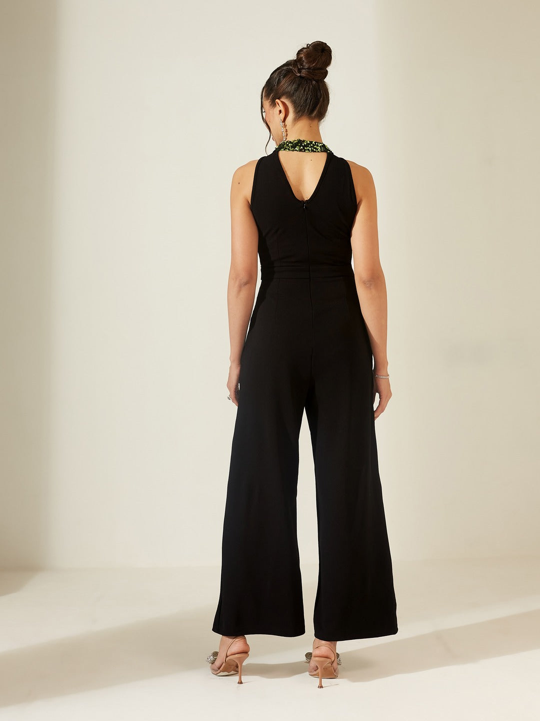 Black And Green Halter Neck Sleeveless Embellished Regular-Length Jumpsuit for Women