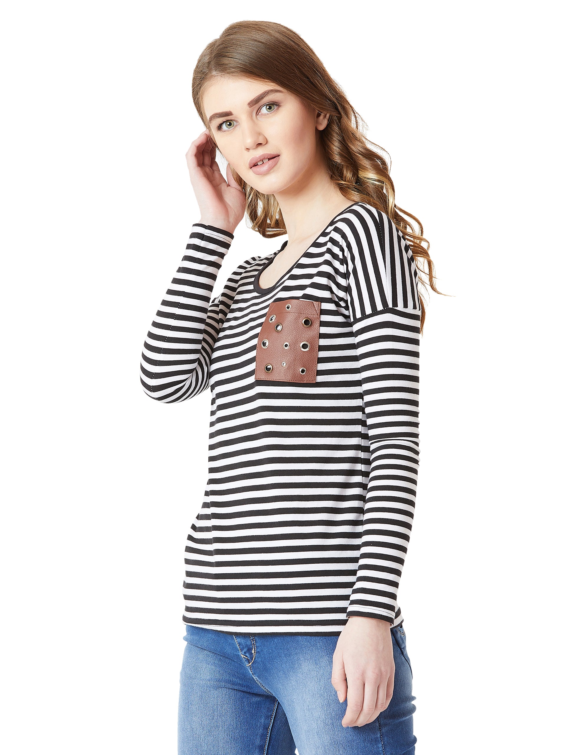 Women's Black and White Round Neck Full Sleeve Cotton Striped Eyelet Detailing Pocket Top