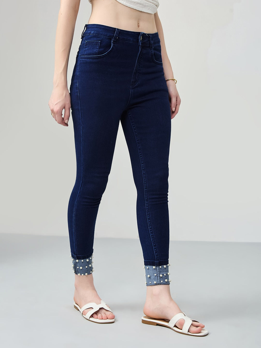 Navy Blue Skinny Fit high-rise Pearl Embellished On The Hem Denim Stretchable Jeans for Women