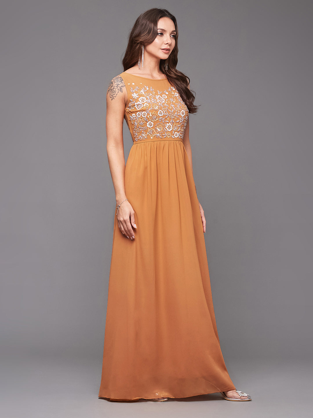 Women's Dusty Orange Boat Neck Sleeveless Embroidered Georgette Gathered Maxi Dress