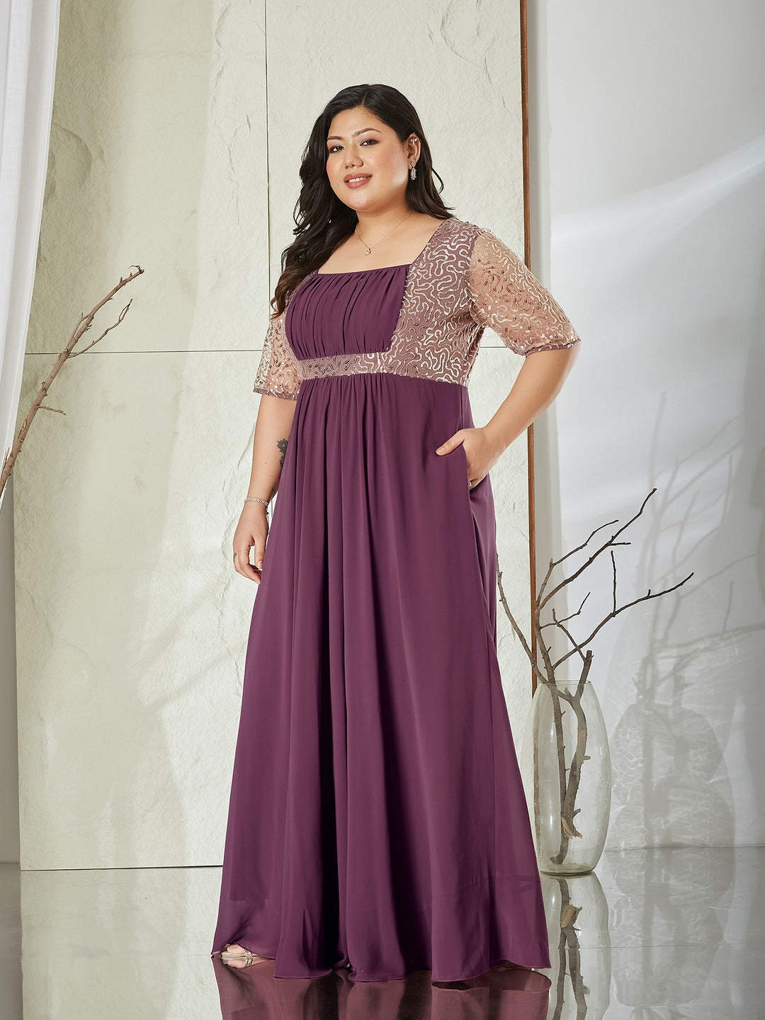 Mauve Square Neck Half Sleeve Solid Embellished Georgette Maxi Dress for Women