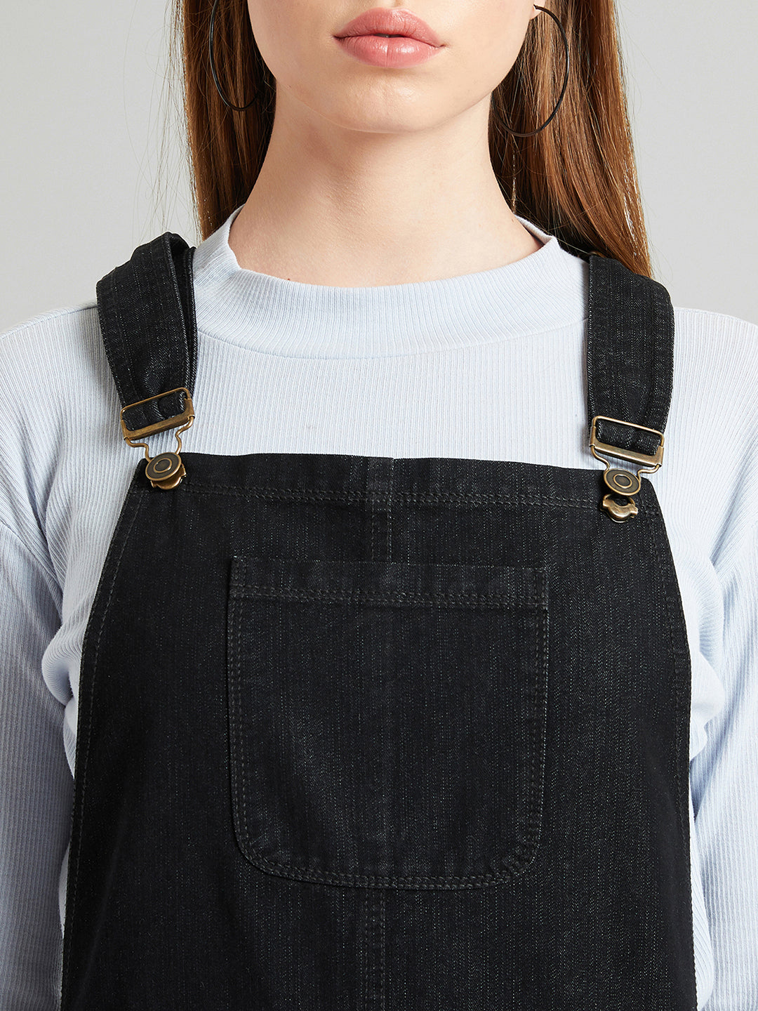 Women's Black High Rise Clean Look Regular Stretchable Skinny Denim Dungaree