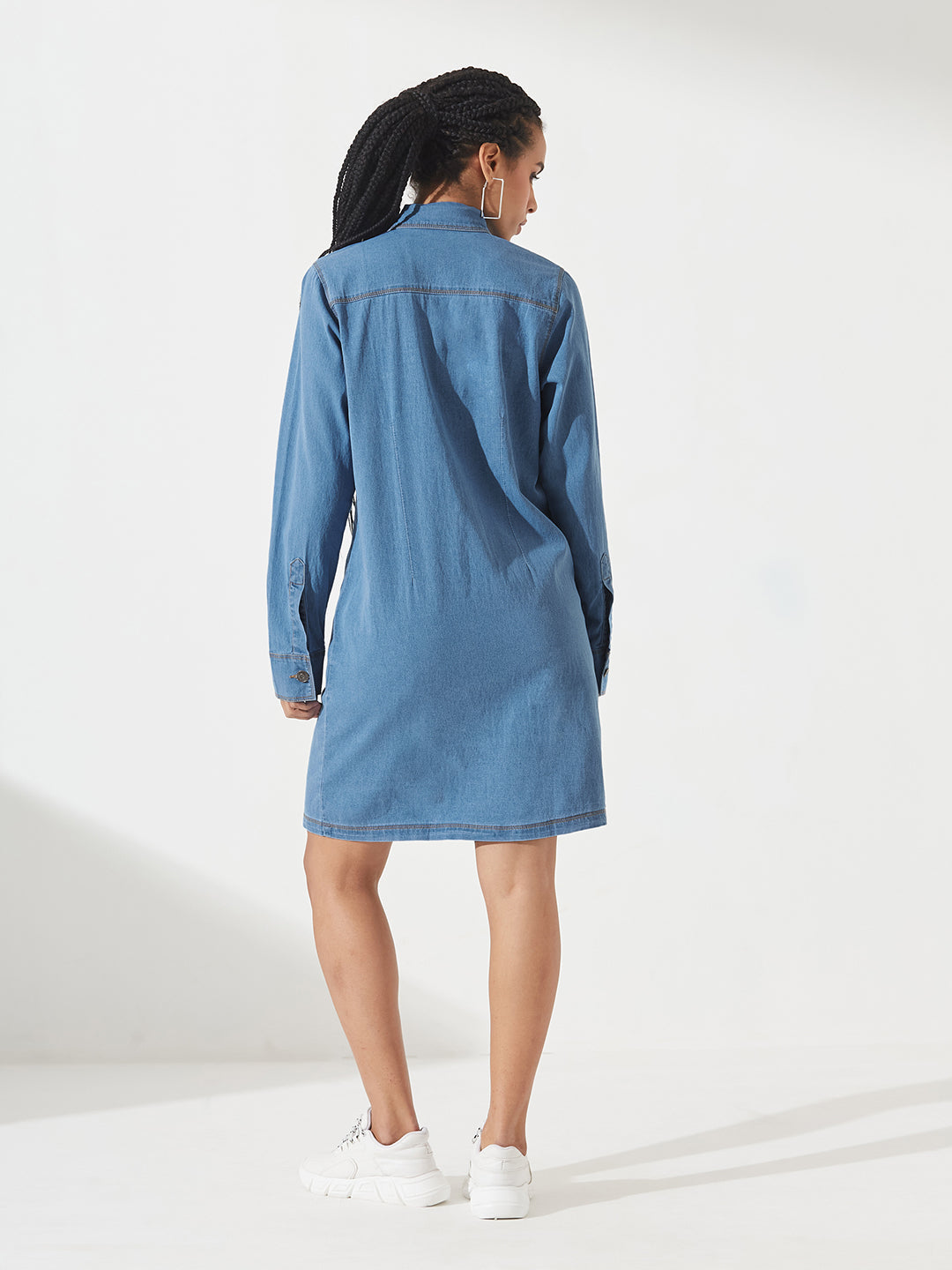 Blue Polo Neck Full Sleeves Denim Knee-Long Shrug for Women
