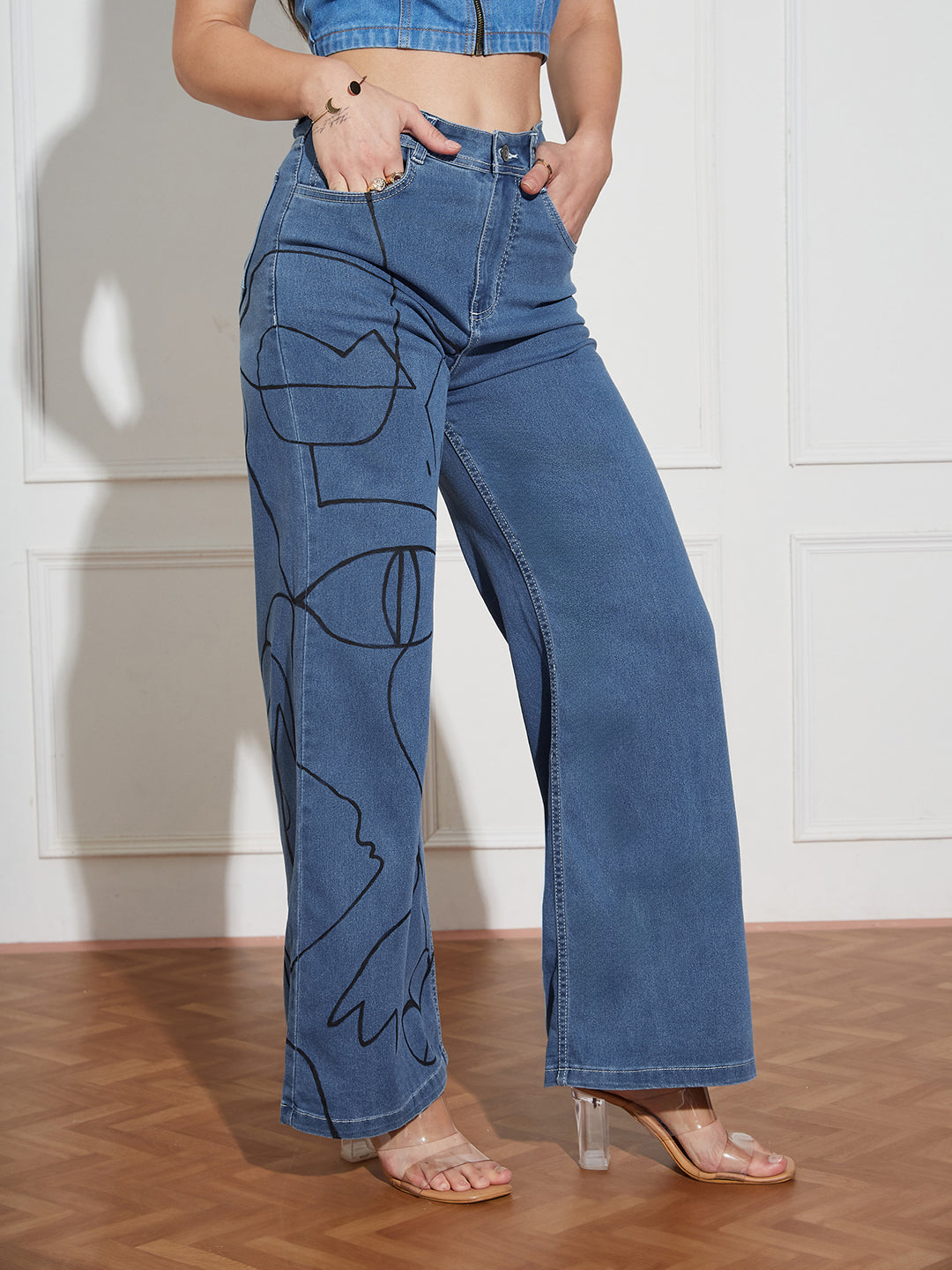 Women's Blue Wide Leg High Rise Hand Painted Clean Look Stretchable Denim Jeans