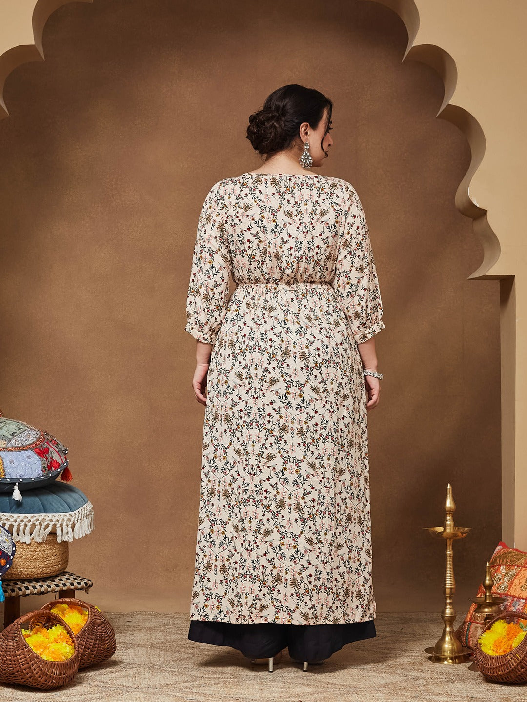 Round Neck 3/4 Sleeve Floral Tie-Up Tassel Detailing Front Slit Maxi Top for Women — Miss Chase A+