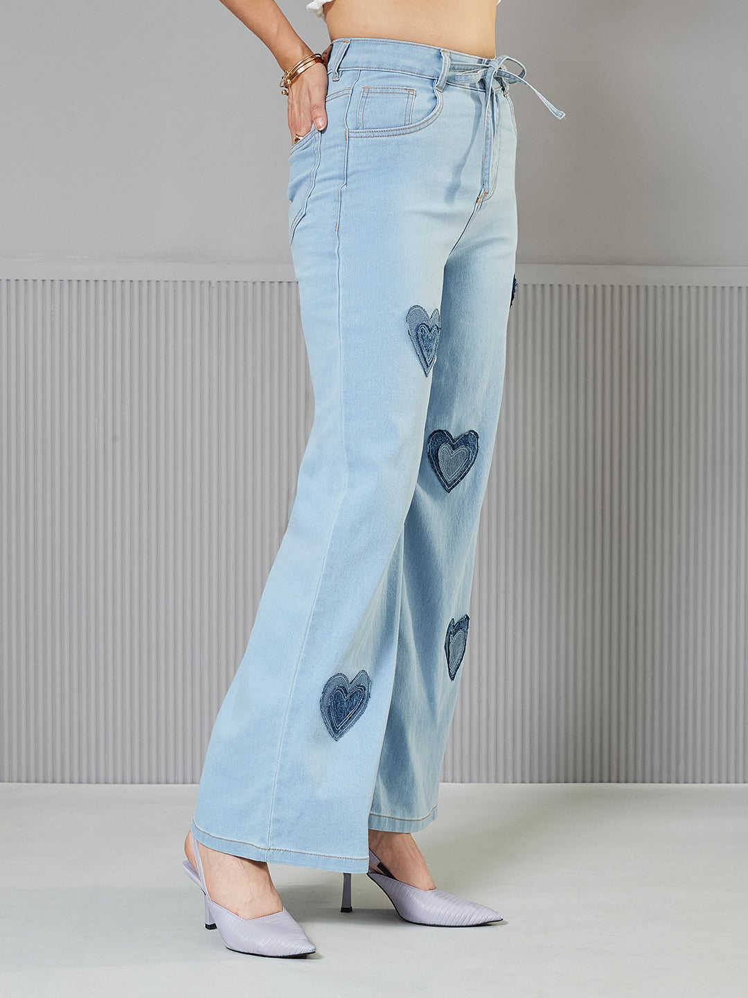 Light-Blue Heart Applique Wide-Leg High-Rise Regular Stretchable Denim Jeans for Women