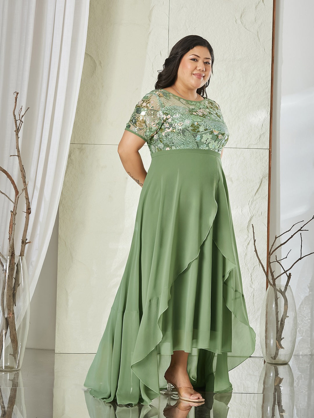 Light Green Embellished Layered Georgette Midi Dress for Women