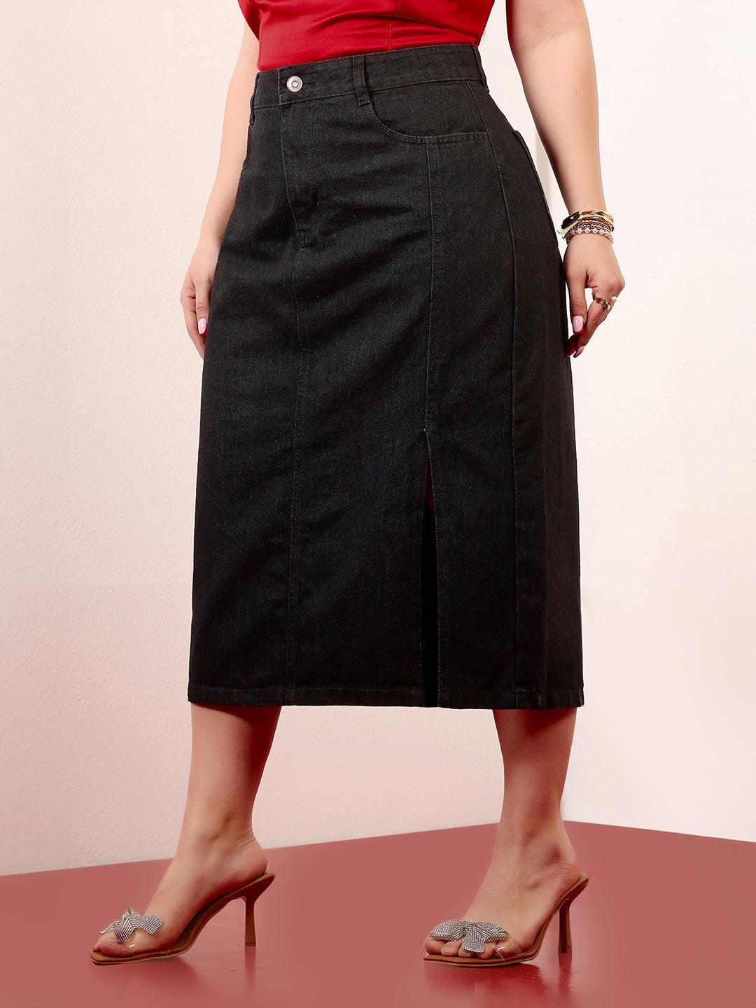 Black Straight-Fit High-Rise  Stretchable Denim Midi Skirt for Women