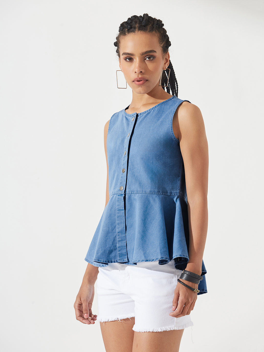 Blue Round Neck Sleeveless Denim Front Open Solid Hooded Peplum Top for Women