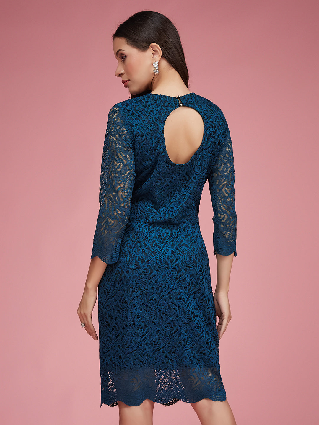 Women's Teal Round Neck 3/4 Sleeves Floral Lace Overlaid Knee-Long Bodycon Dress