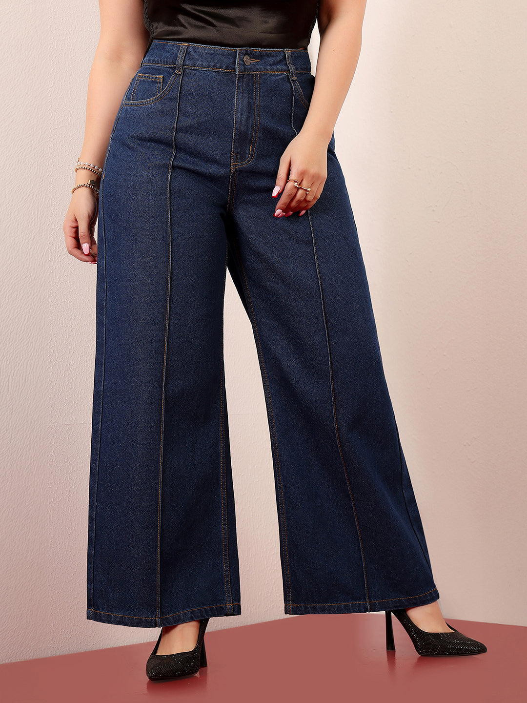 Women's Navy Blue Wide-Leg High-Rise Clean-Look Regular-Length Non-stretchable Denim Jeans