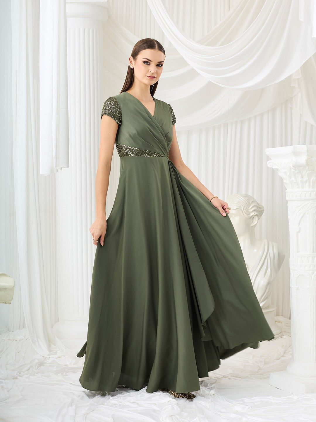 Embellished Pale Olive Gown in Asymmetric Draped Premium Satin for Women