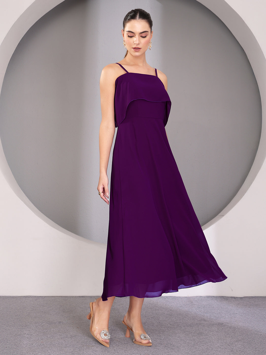 Women's Purple Bardot Style Sleeveless Spaghetti Strap Solid Off Shoulder Midi Skater Dress