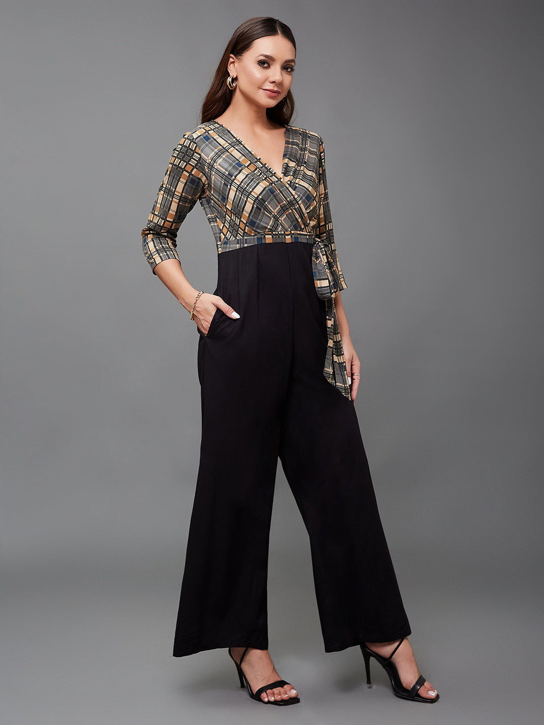 Women's Multicolored-Base-Black V-Neck 3/4 Sleeve Checkered Wrap Regular-Length Viscose Rayon Jumpsuit