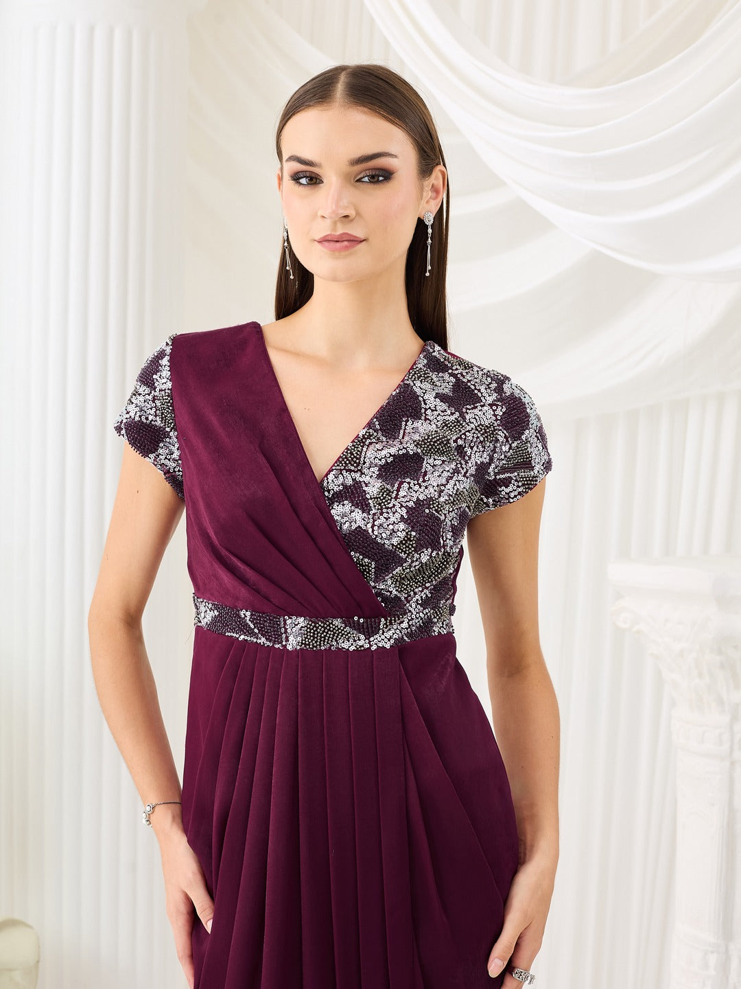 Wine V-Neck Gown in Embellished Pleated Lustrous Satin for Women