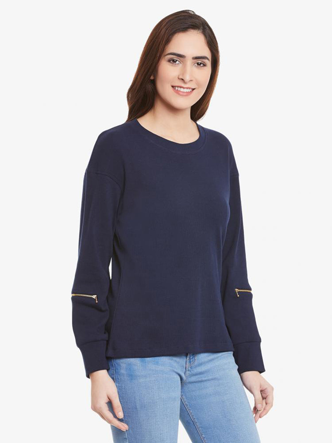 Women's Navy Blue Solid Round Neck 3/4 Sleeve Regular Length Top
