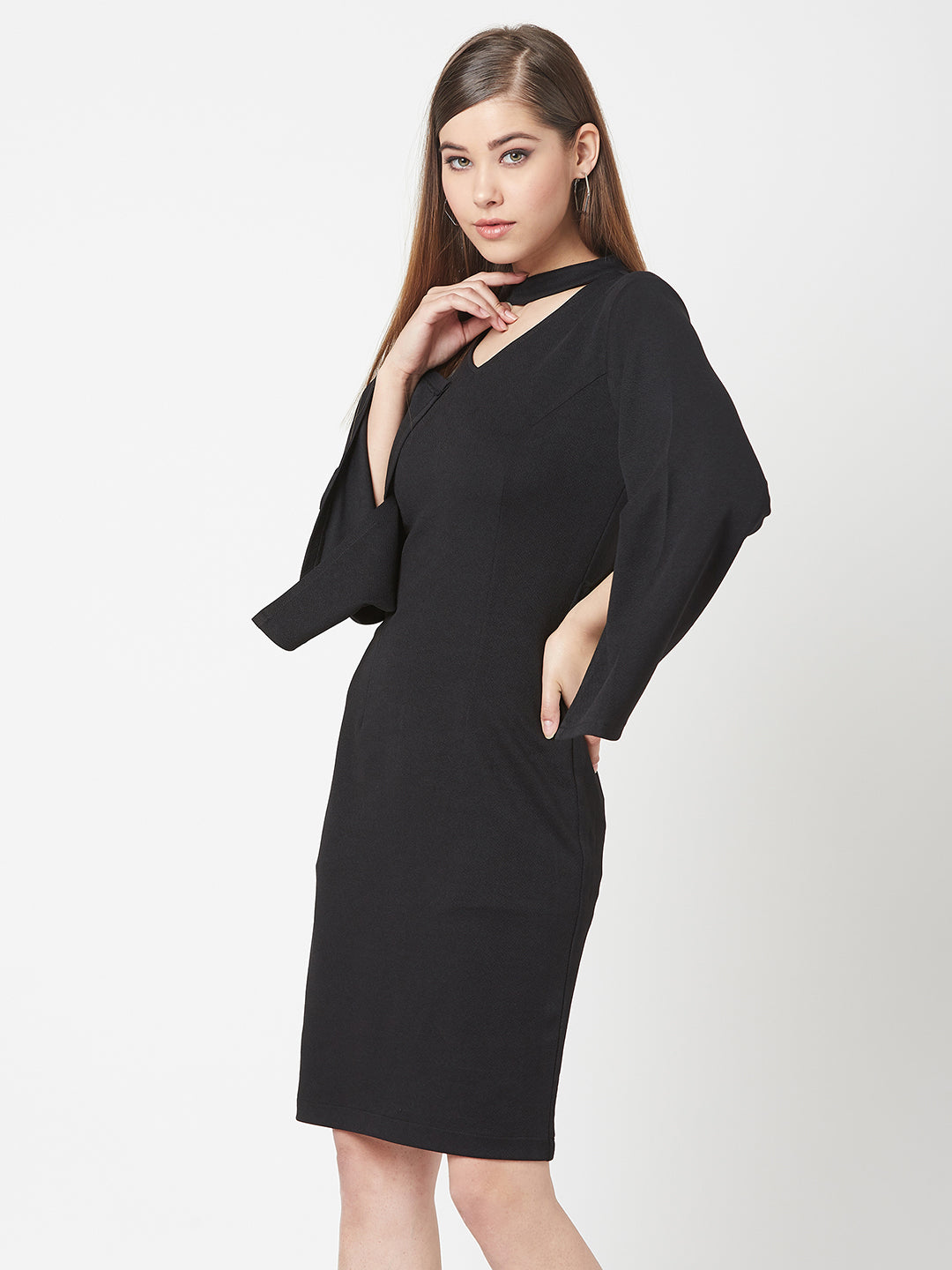 Crease Ease Women's Black V-Neck Flared Sleeve Solid Bodycon Knee-Long Dress