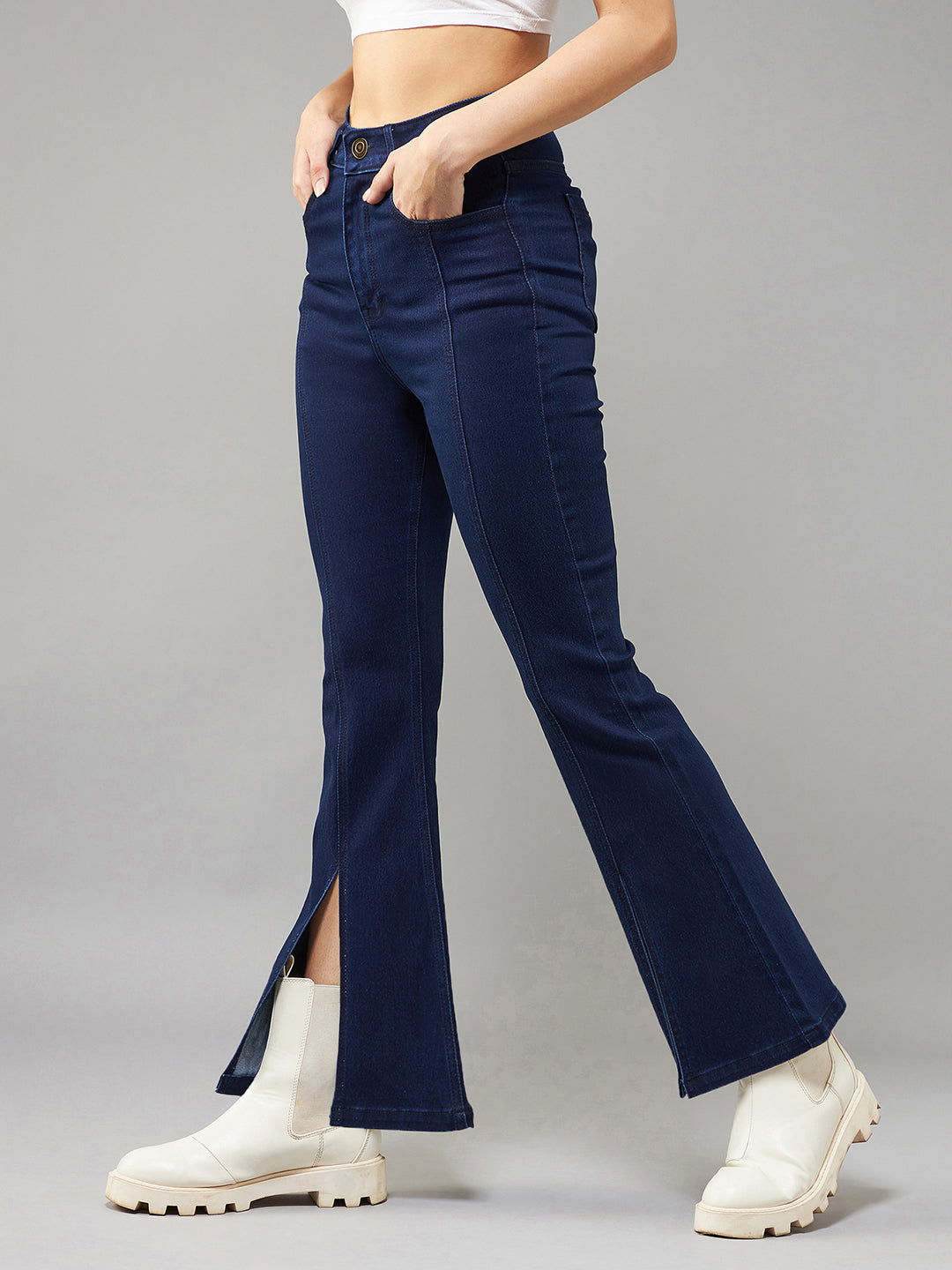 24/7 Comfort Navy-Blue Bell-Bottom Bootcut Hourglass High-Rise Stretchable Slit Denim Jeans for Women