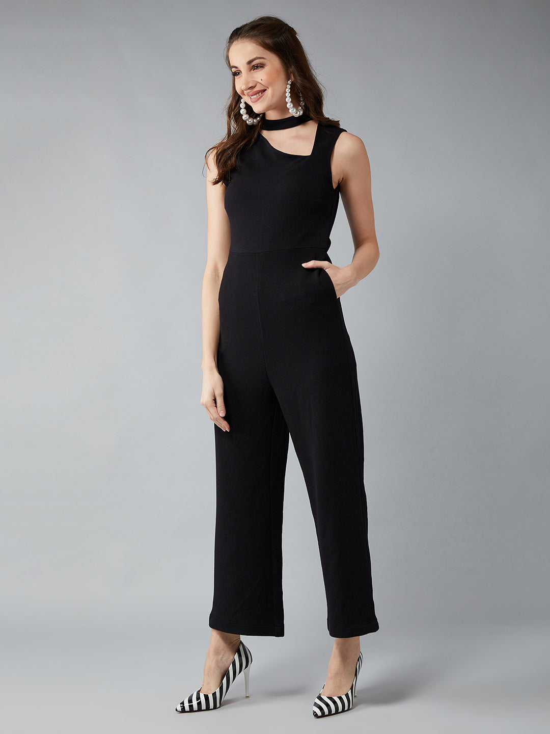 Women's Black V-Neck Sleeveless Solid Wide Leg Regular Length Jumpsuit