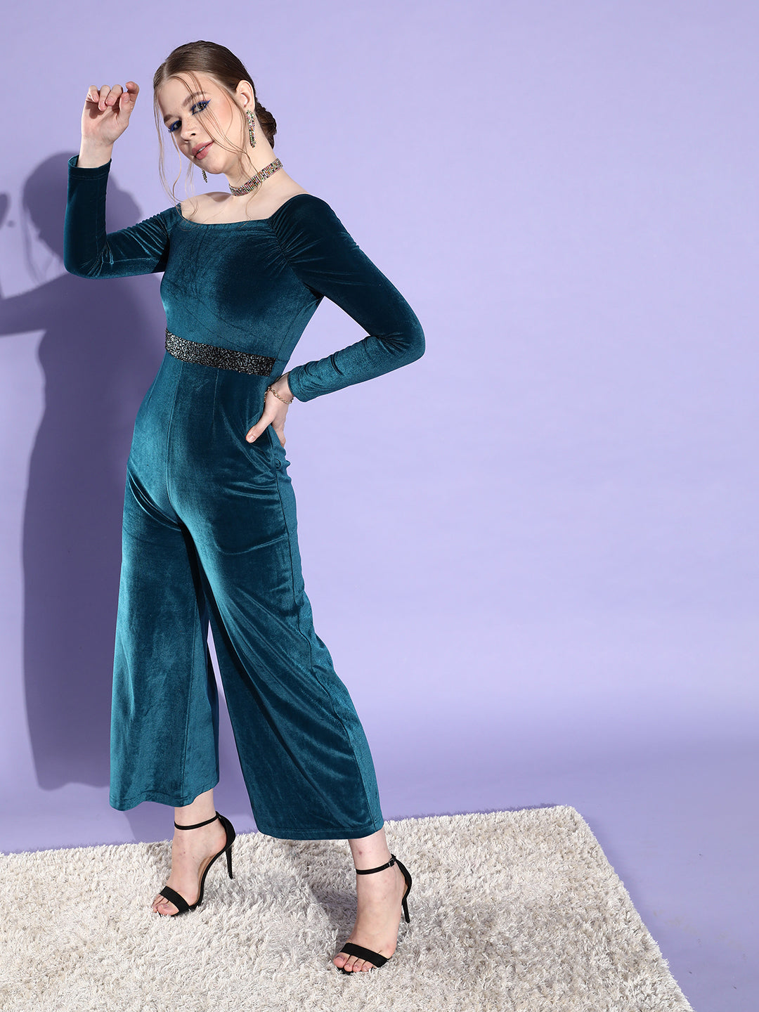 Teal-Colored One Shoulder Full Sleeve Solid Asymmetric Regular-Length Velvet Jumpsuit for Women