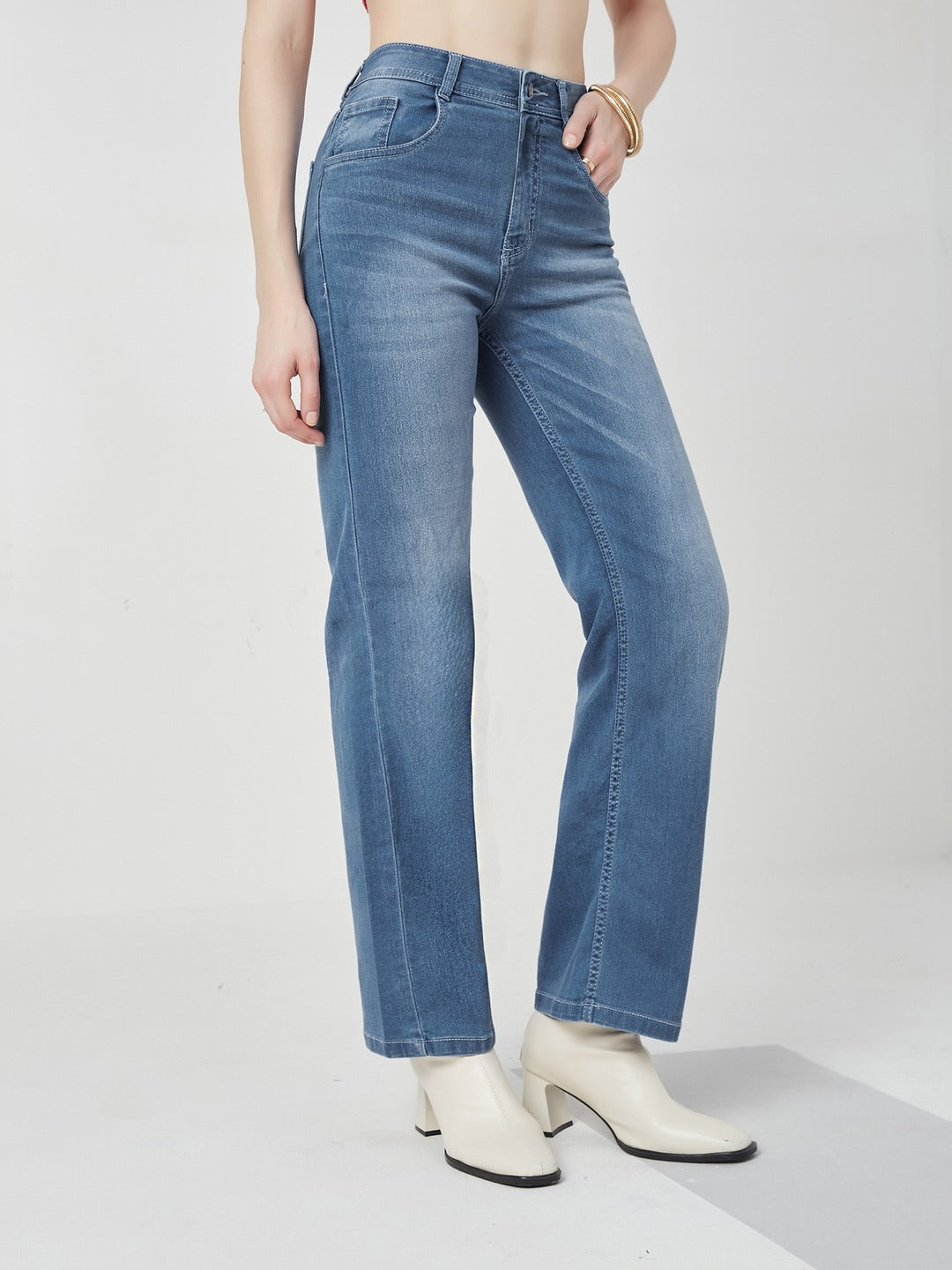 Light Blue Wide-Leg Mid Rise Blast Effect Light Weight Denim Jeans for Women