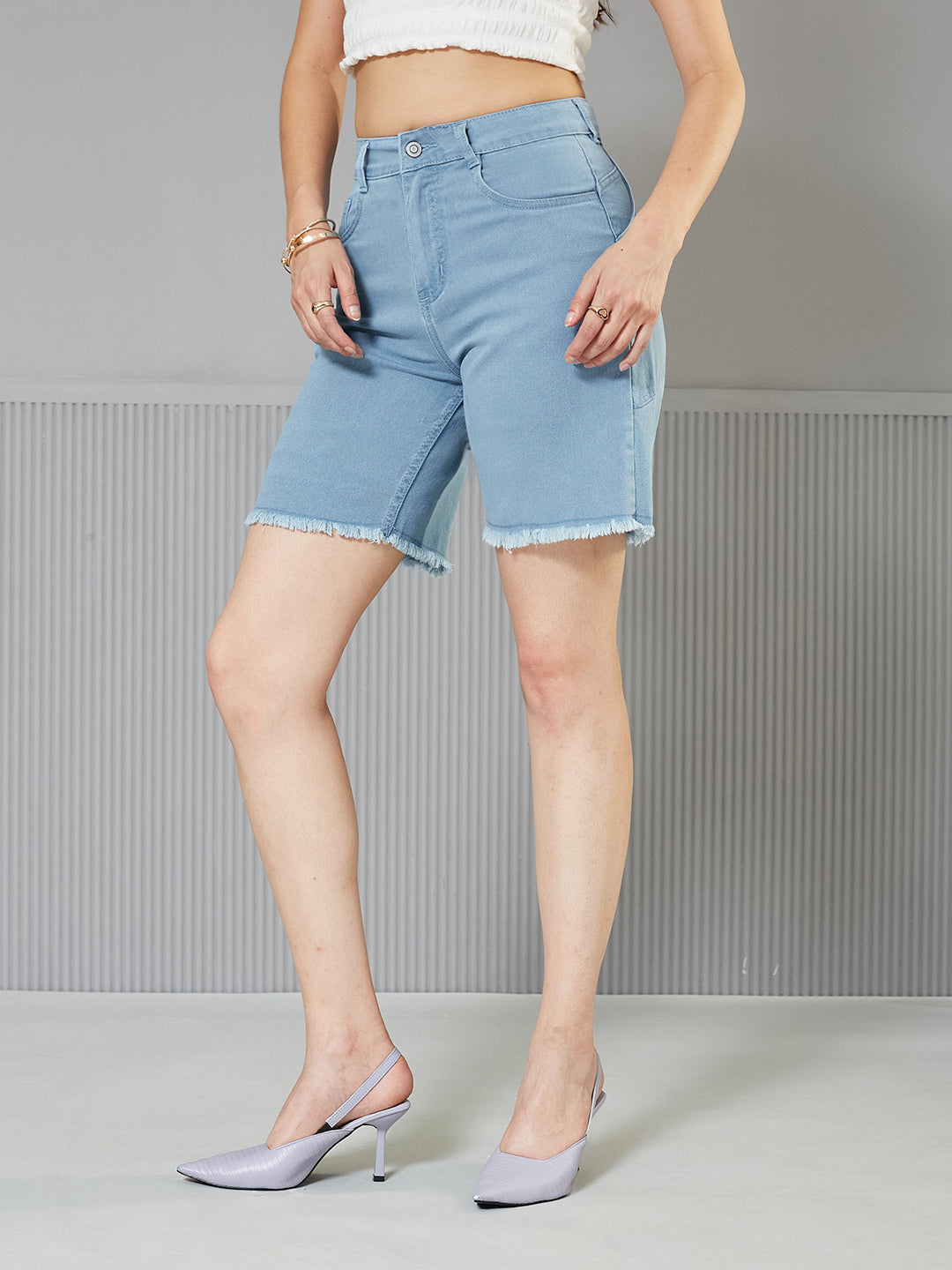 Light-Blue Regular High-Rise Above Knee Stretchable Denim Shorts for Women