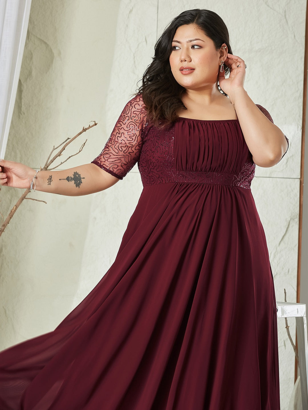 Wine Square Neck Half Sleeve Solid Embellished Maxi Dress for Women