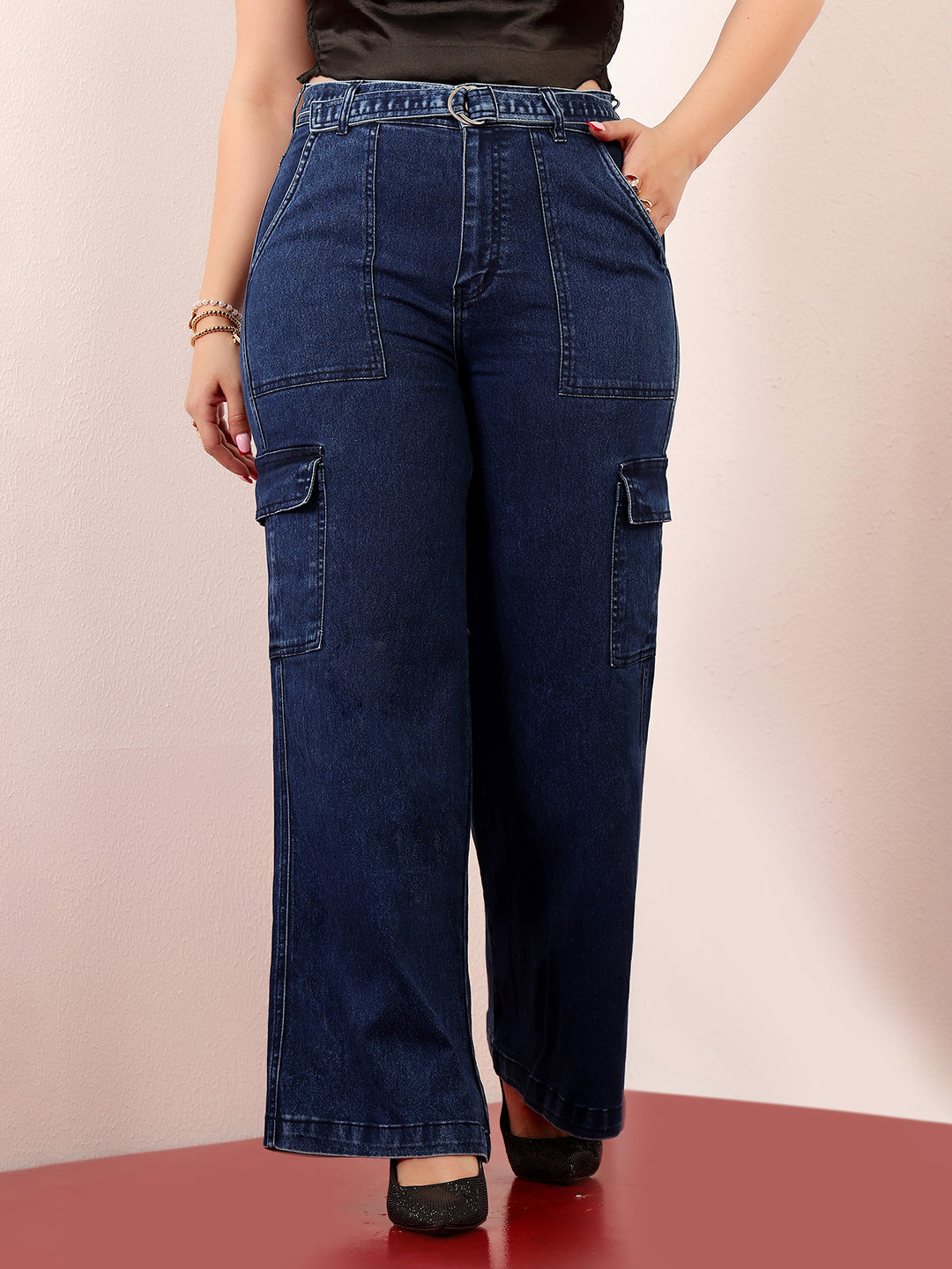 24/7 Comfort Blue Wide-Leg High-Rise Clean-Look Stretchable Cargo Denim Jeans