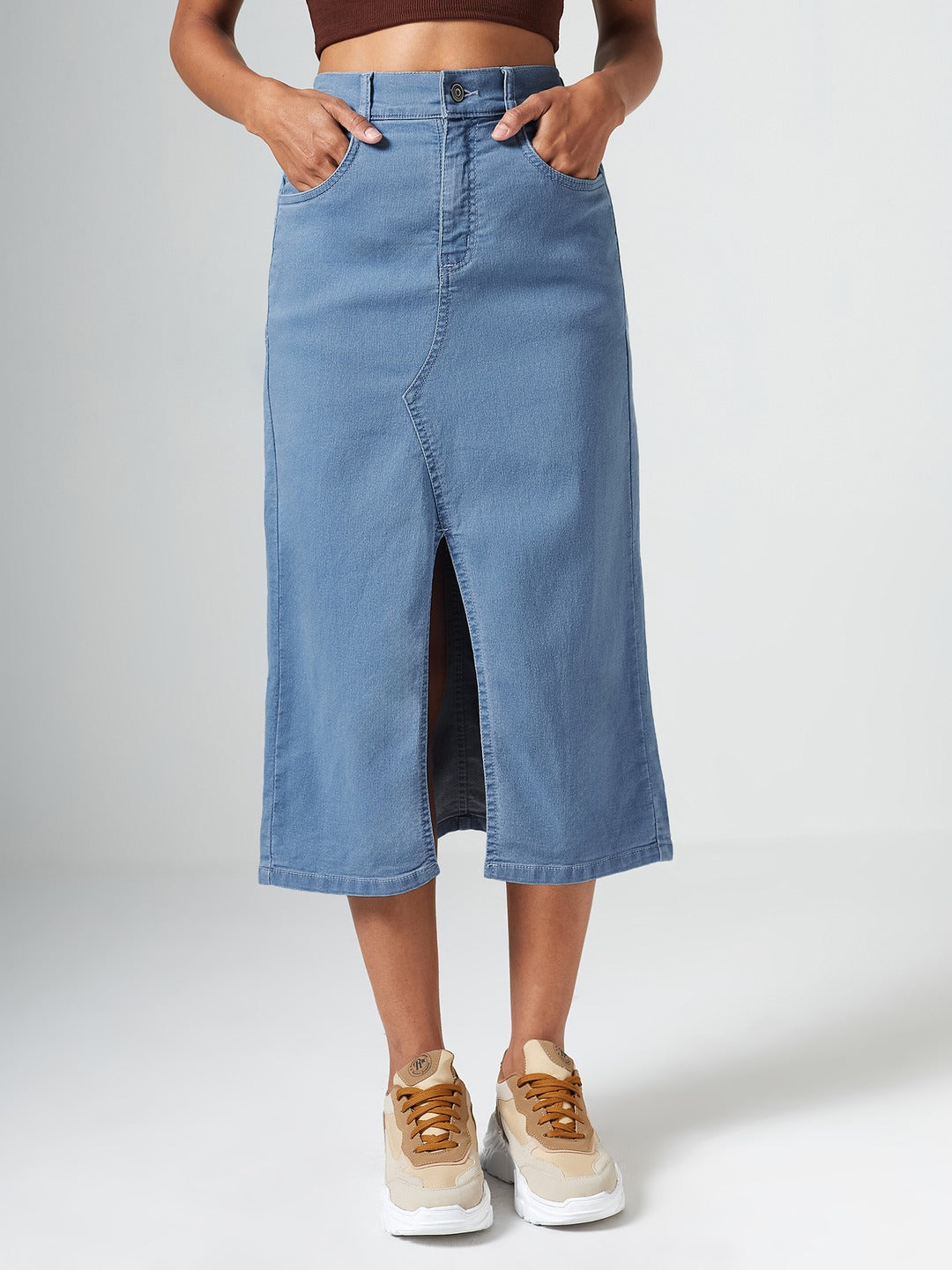 Light Blue Straight Fit High Rise Clean Look Stretchable Denim Midi Skirt for Women