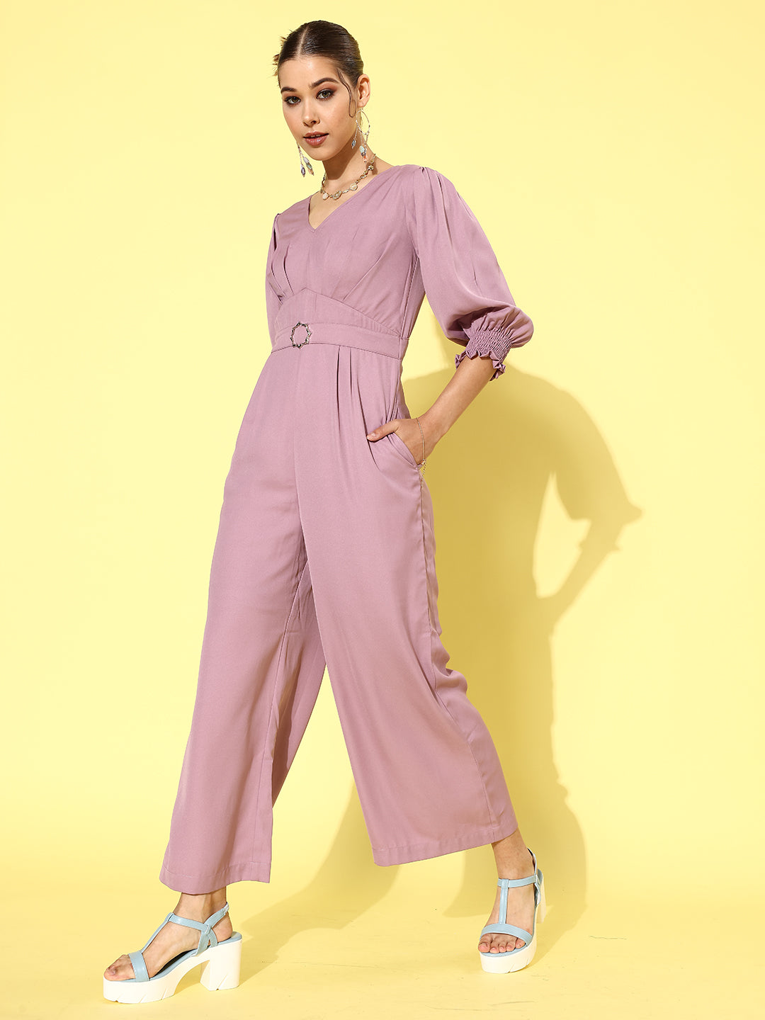 Women's Lavender V neck 3/4th Sleeve Solid Pleated Regular Jumpsuit