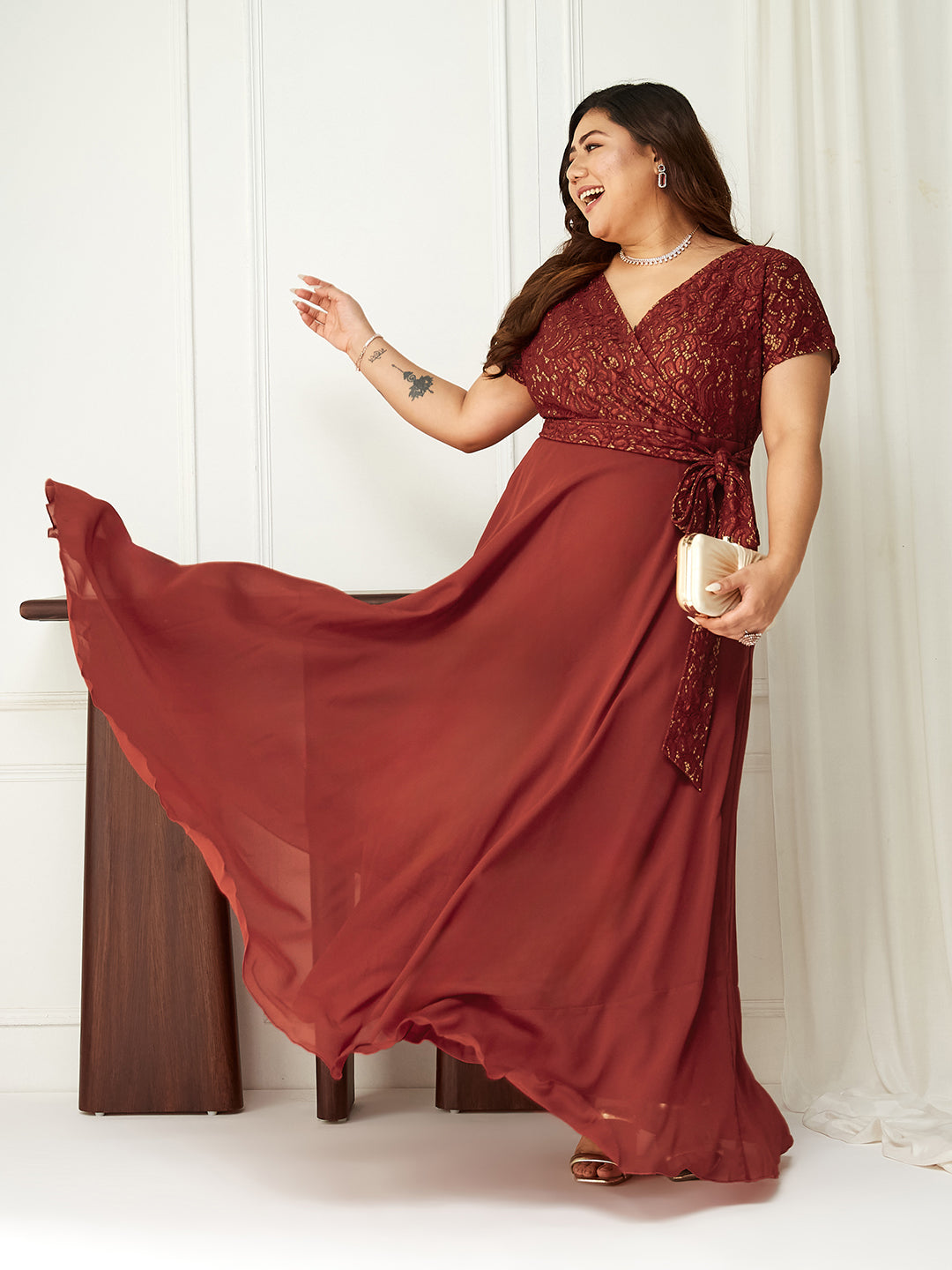 Women's Brick Red V-Neck Short Sleeve Self-Designed Lace Overlaid Georgette Maxi Dress