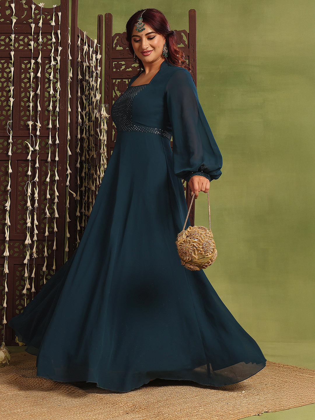 Women's Teal Mandarin-Collar Bishop Sleeve Embellished Panelled Georgette Maxi Dress
